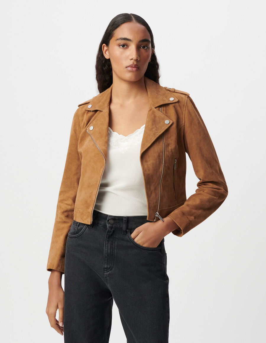 damen-bikerjacke aus kamelfarbenem leder und velours