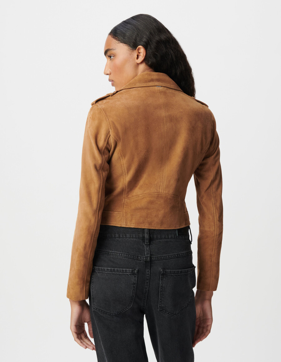 damen-bikerjacke aus kamelfarbenem leder und velours
