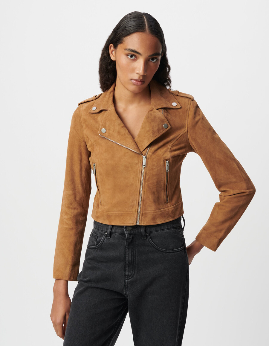 damen-bikerjacke aus kamelfarbenem leder und velours