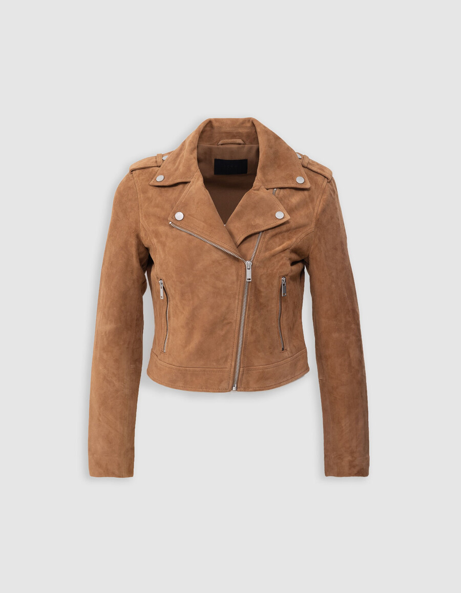 damen-bikerjacke aus kamelfarbenem leder und velours