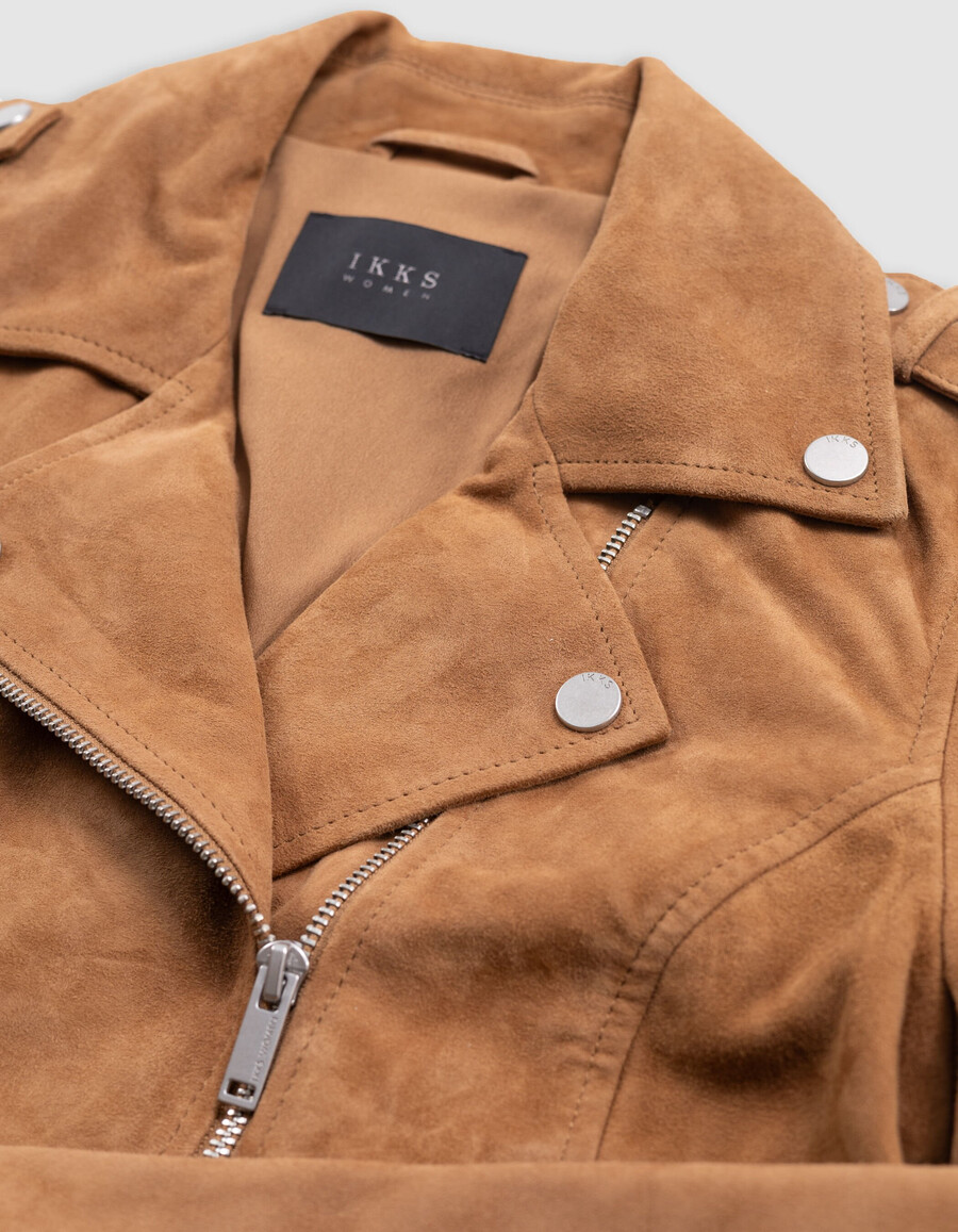 damen-bikerjacke aus kamelfarbenem leder und velours