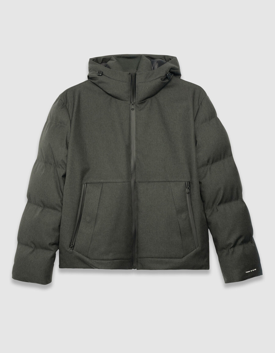 graue wasserdichte wattierte herrenjacke mit kapuze