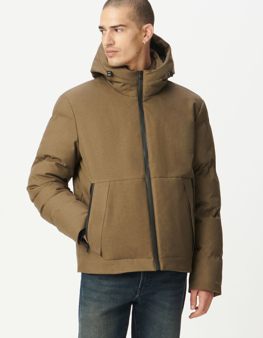 beige wasserdichte wattierte herrenjacke mit kapuze