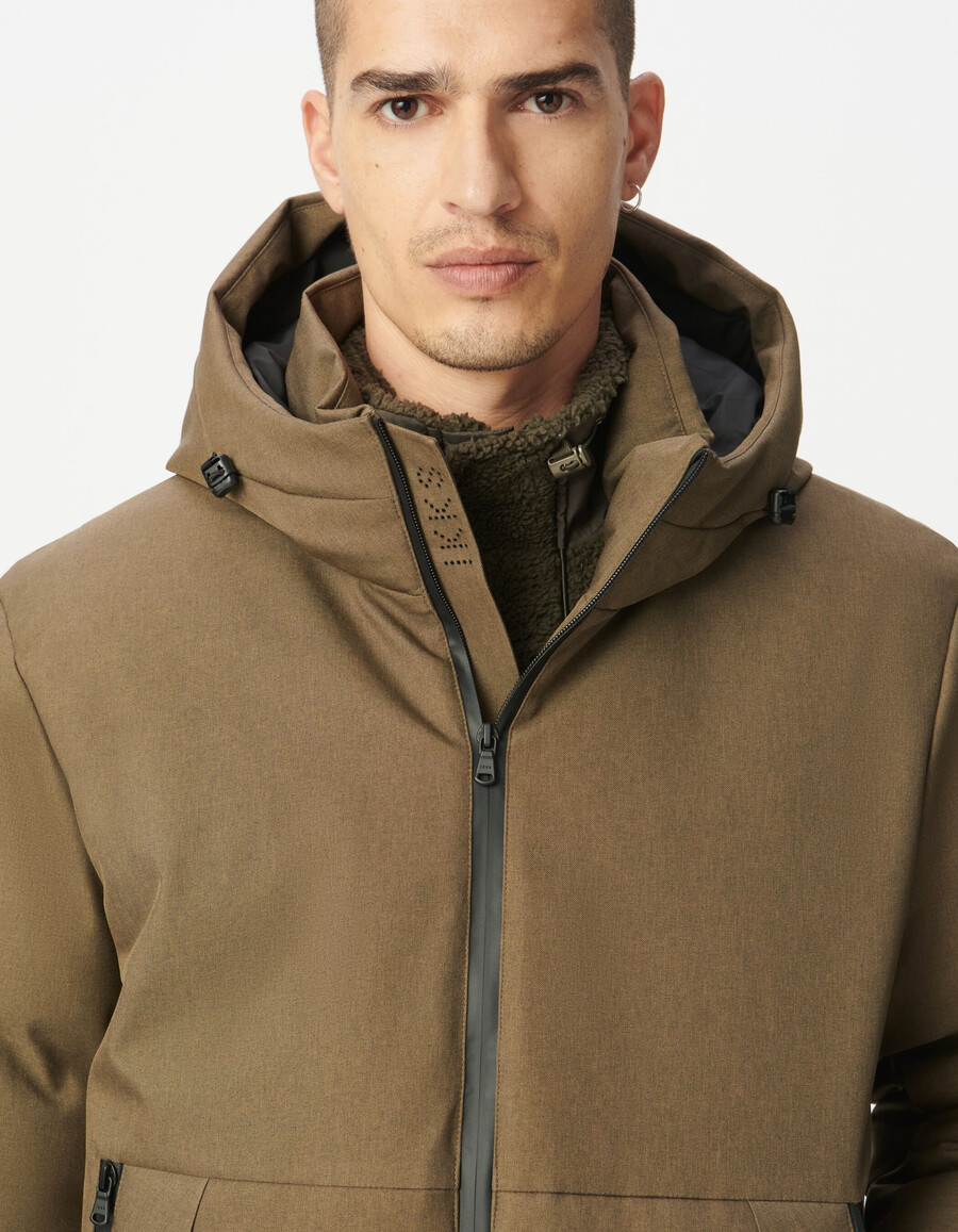 beige wasserdichte wattierte herrenjacke mit kapuze