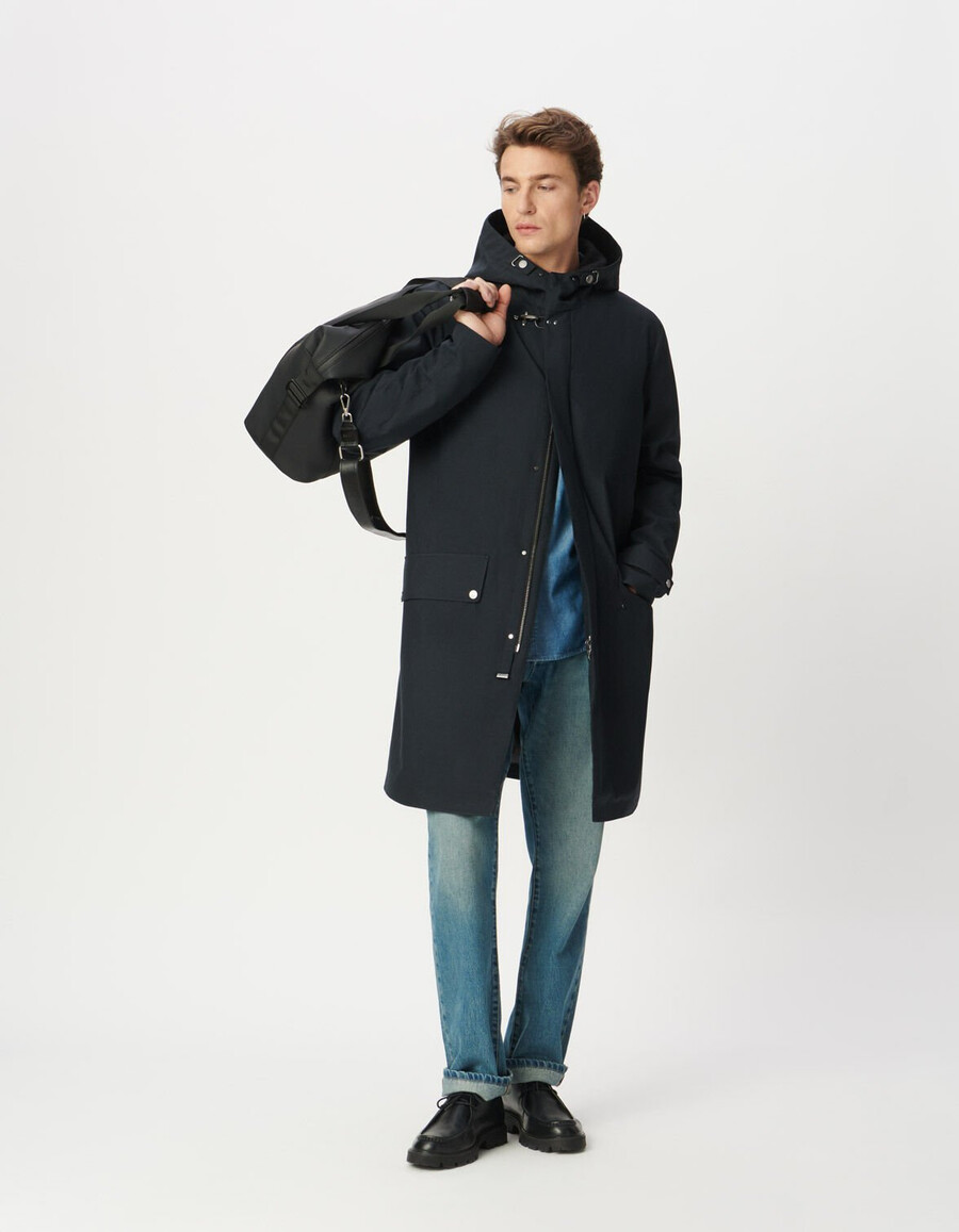marineblauer mittellanger herren-parka mit kapuze