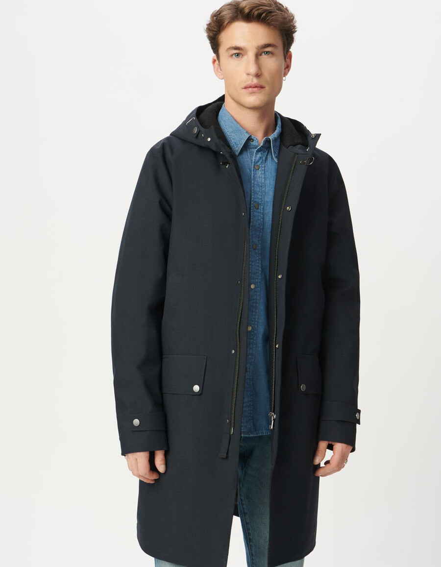 marineblauer mittellanger herren-parka mit kapuze
