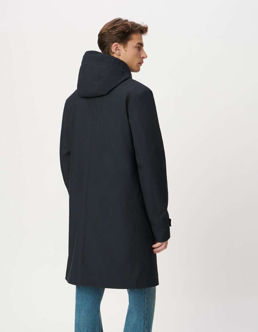 marineblauer mittellanger herren-parka mit kapuze