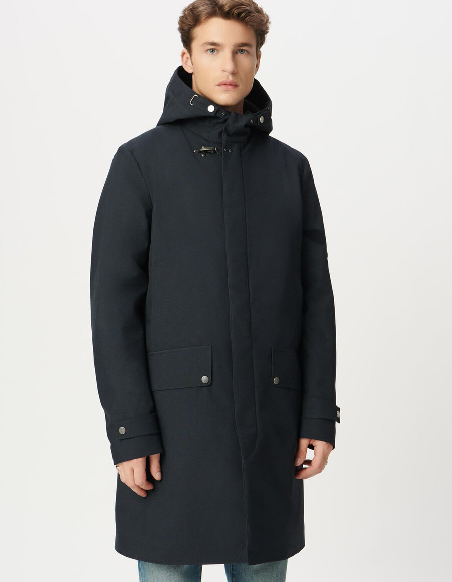 marineblauer mittellanger herren-parka mit kapuze