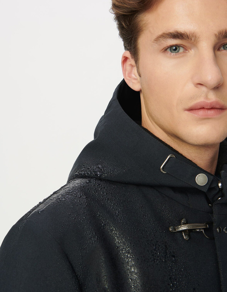 marineblauer mittellanger herren-parka mit kapuze