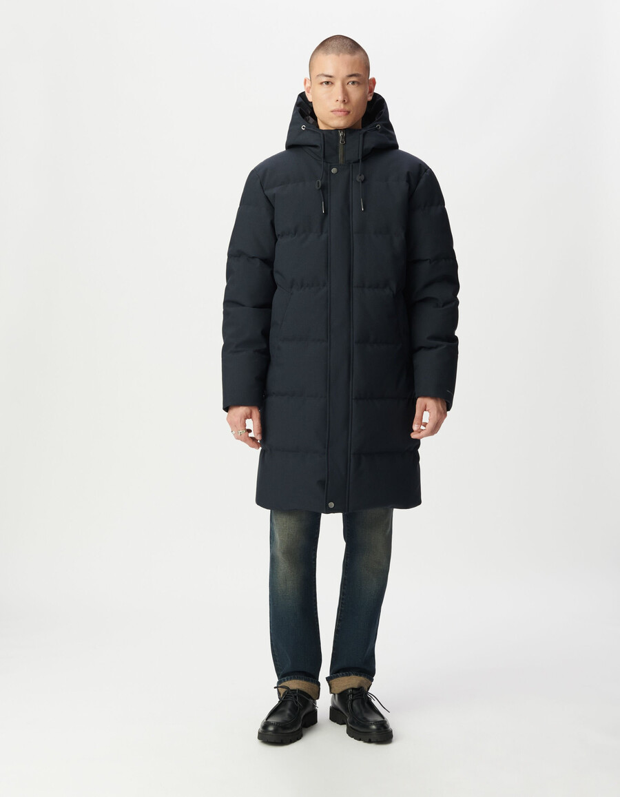 marineblaue gesteppte wasserdichte lange wattierte herrenjacke