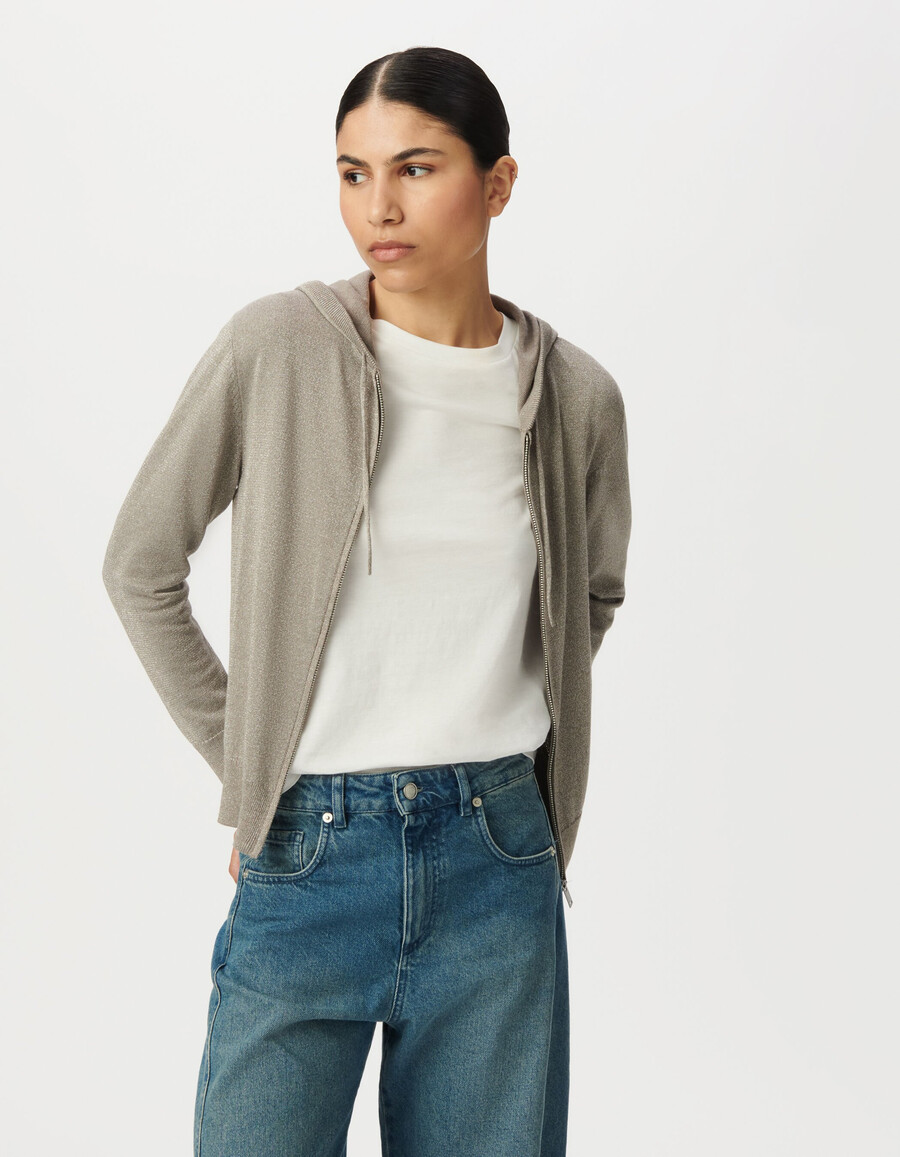 sesamfarbene strickjacke mit fischgrätmuster und durchbrochenem rückenausschnitt für damen
