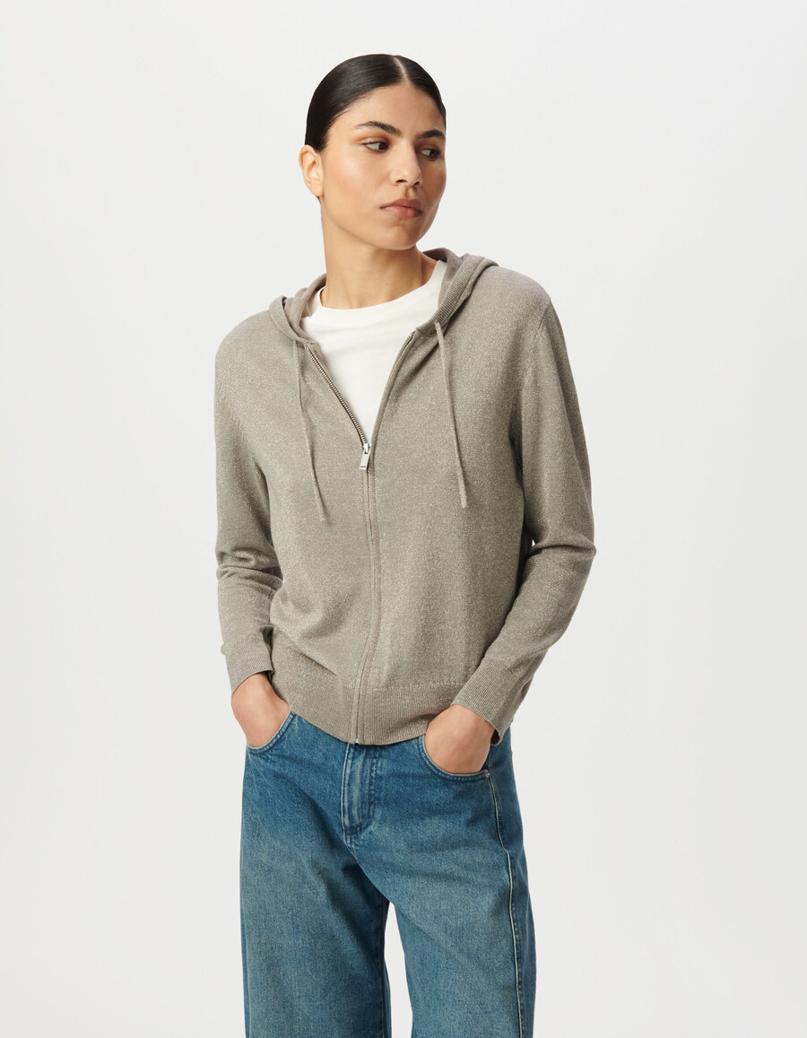 sesamfarbene strickjacke mit fischgrätmuster und durchbrochenem rückenausschnitt für damen