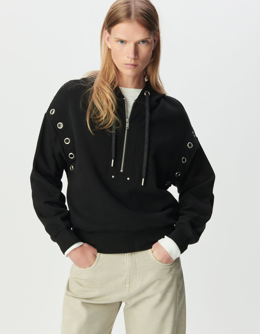 schwarzer damen-hoodie aus bio-baumwolle mit xl-ösen