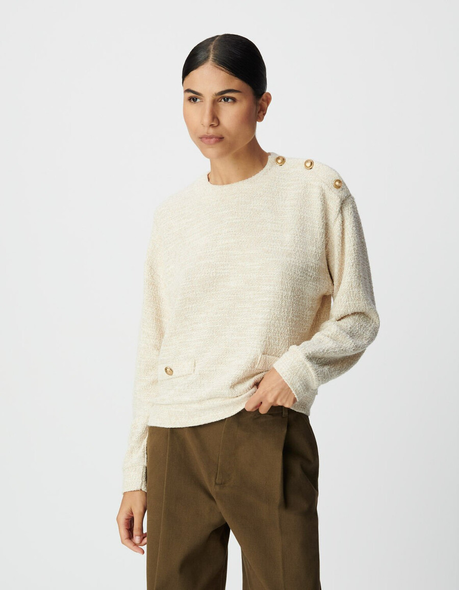 beigefarbenes damen-sweatshirt aus lurex-tweed mit geknöpften schultern