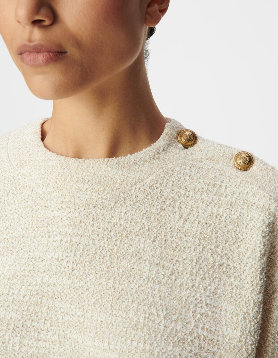 beigefarbenes damen-sweatshirt aus lurex-tweed mit geknöpften schultern