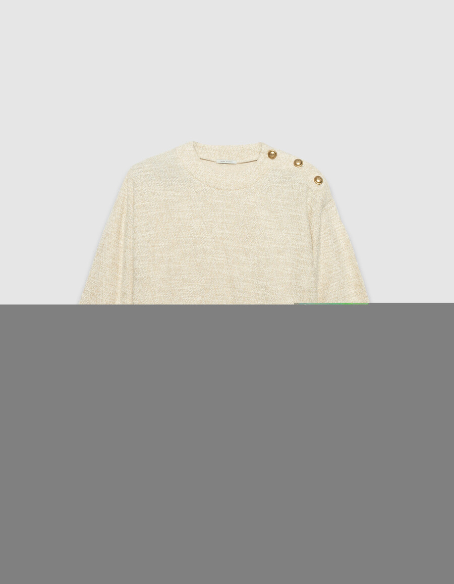 beigefarbenes damen-sweatshirt aus lurex-tweed mit geknöpften schultern