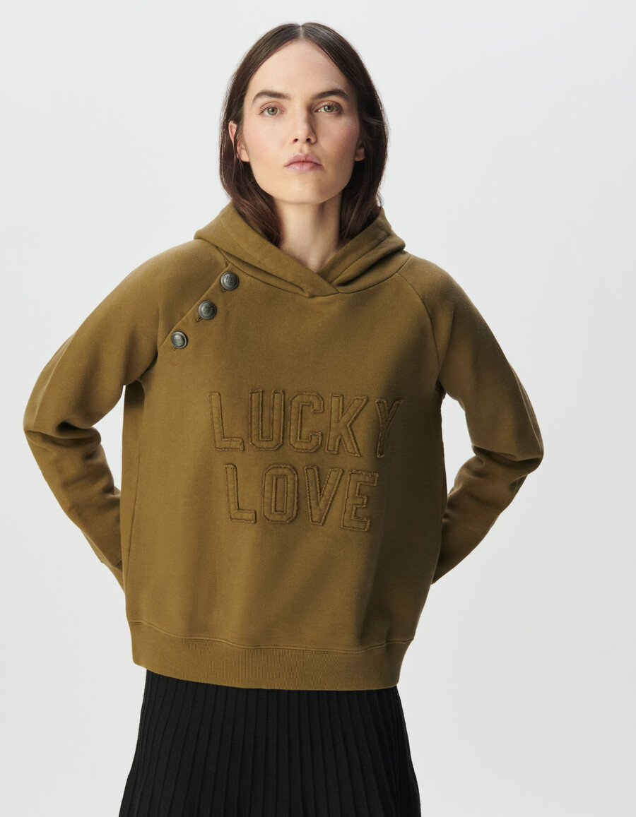 damen-hoodie aus khakifarbener bio-baumwolle mit knöpfen und slogan