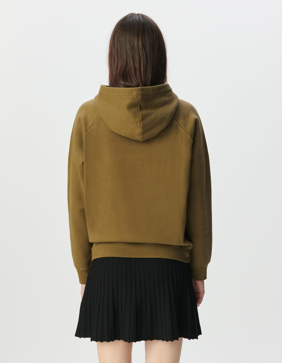 damen-hoodie aus khakifarbener bio-baumwolle mit knöpfen und slogan