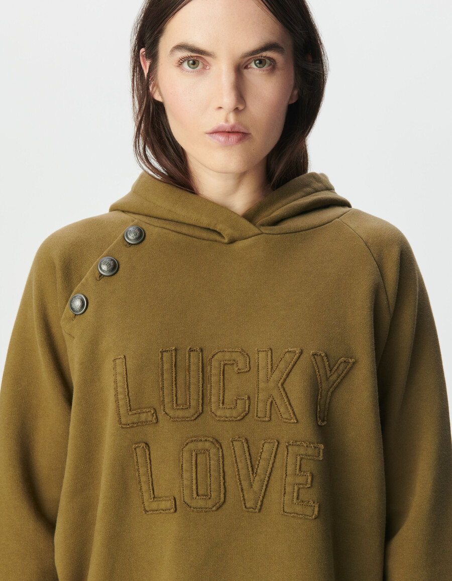 damen-hoodie aus khakifarbener bio-baumwolle mit knöpfen und slogan