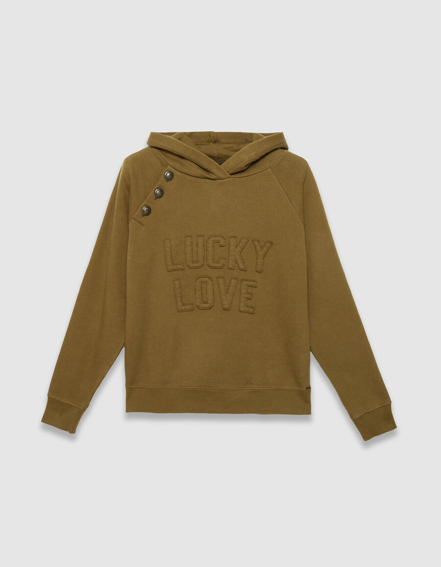 damen-hoodie aus khakifarbener bio-baumwolle mit knöpfen und slogan