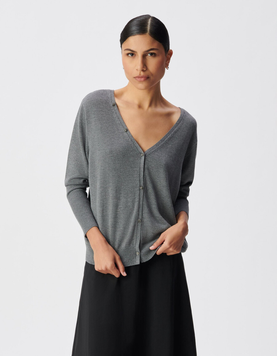 grauer wendbarer strickcardigan für damen vorder- und rückseite