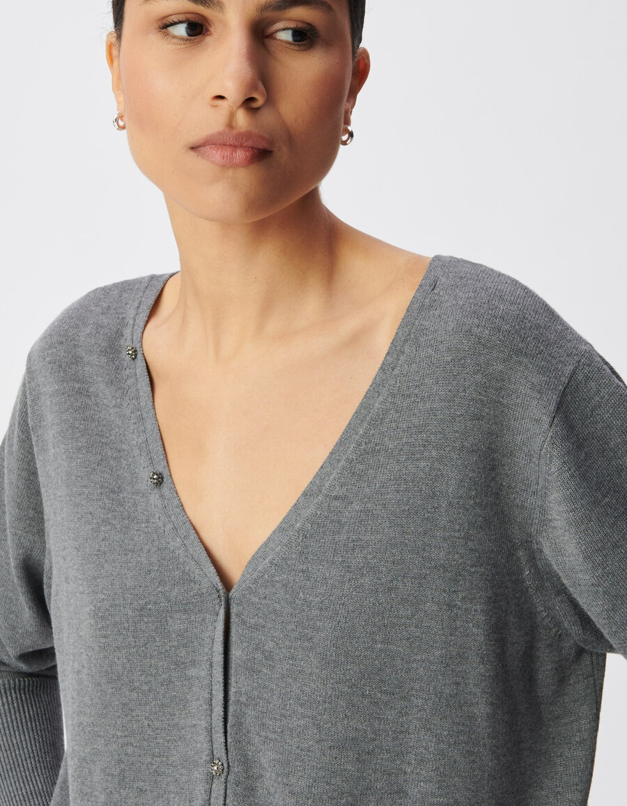 grauer wendbarer strickcardigan für damen vorder- und rückseite