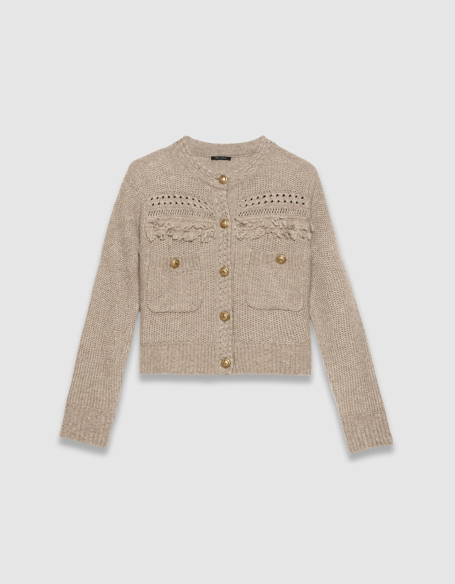 beigefarbene strickjacke für damen fransen goldene knöpfe
