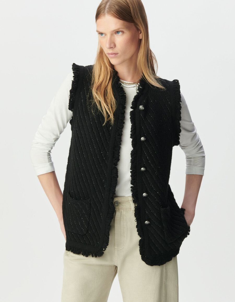 ärmelloser strickcardigan für damen schwarz mit paillettenstickerei
