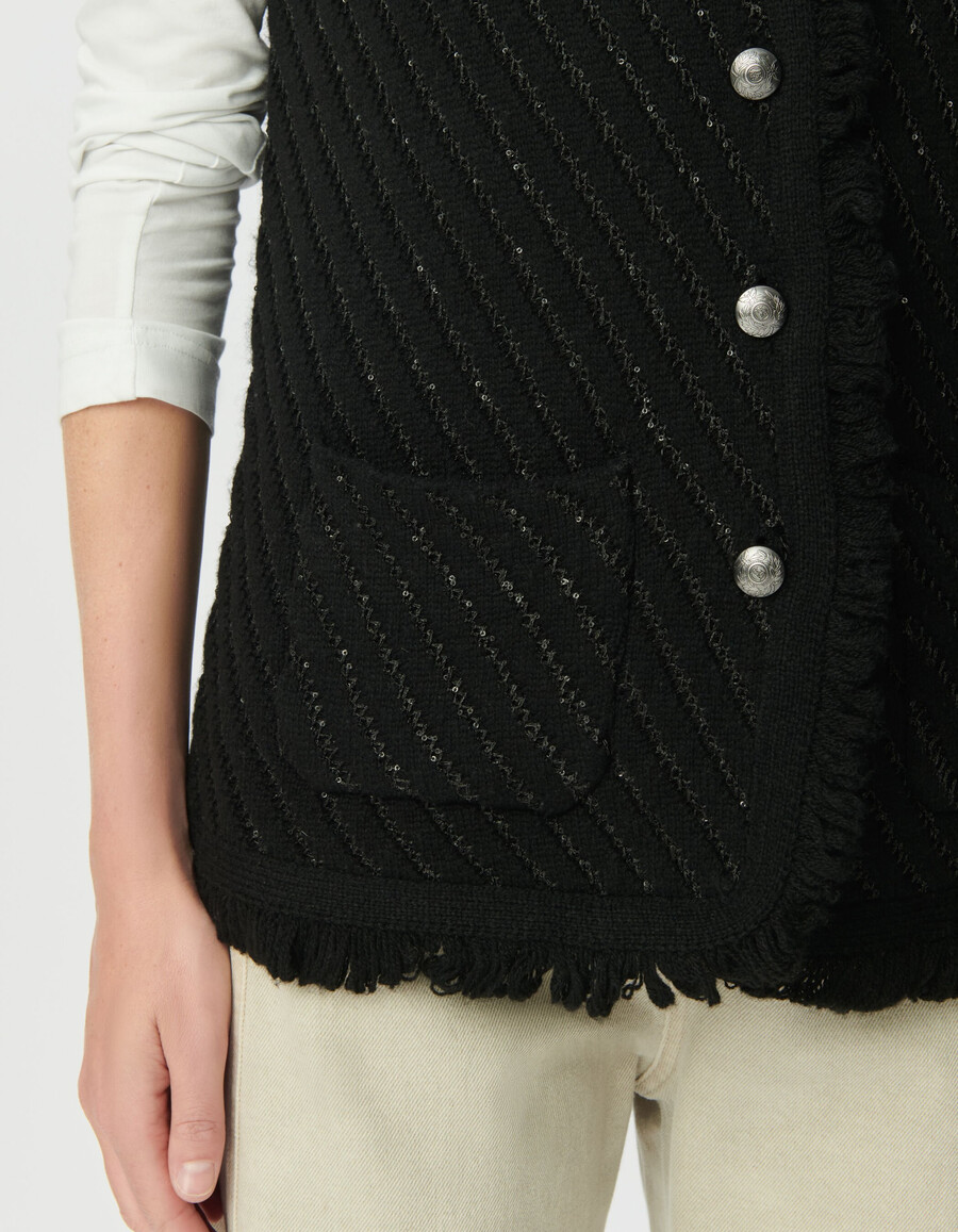 ärmelloser strickcardigan für damen schwarz mit paillettenstickerei