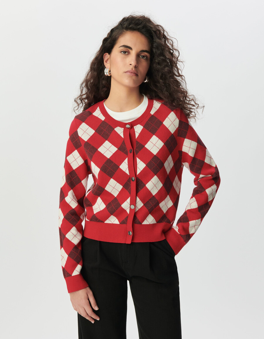 damen-strickjacke mit rotem diamant-jacquardmuster