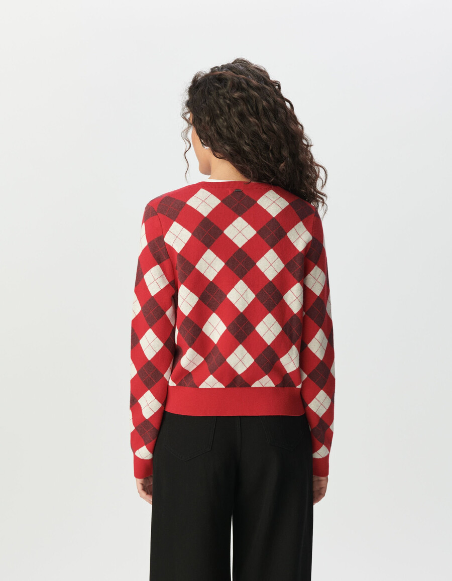 damen-strickjacke mit rotem diamant-jacquardmuster