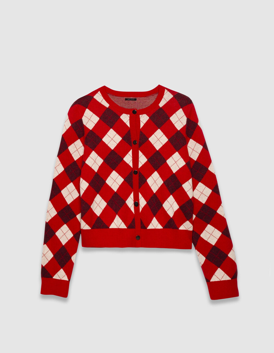 damen-strickjacke mit rotem diamant-jacquardmuster