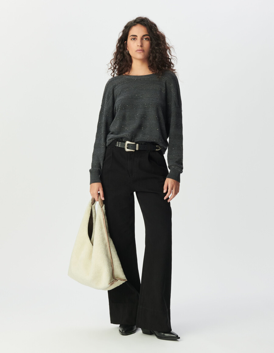 grauer gestreifter strickcardigan für damen mit paillettenstickerei