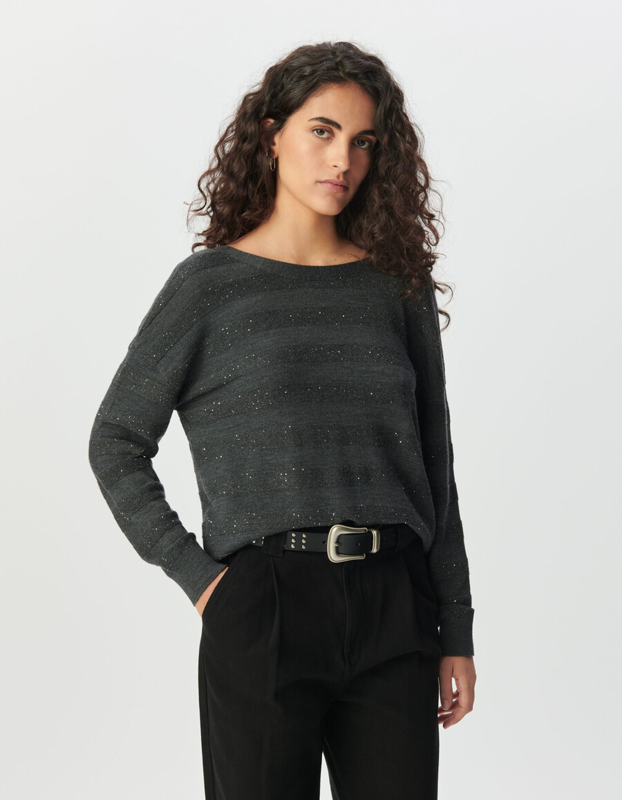 grauer gestreifter strickcardigan für damen mit paillettenstickerei