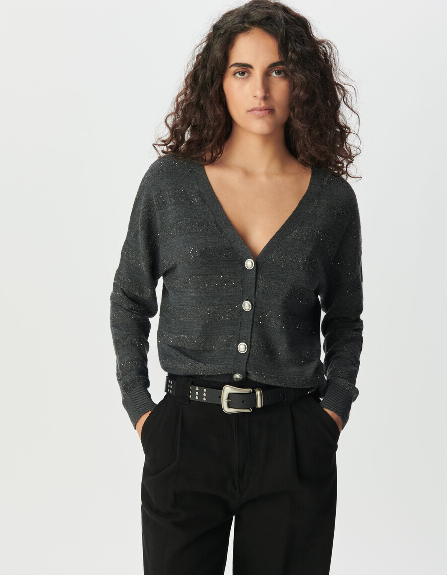 grauer gestreifter strickcardigan für damen mit paillettenstickerei
