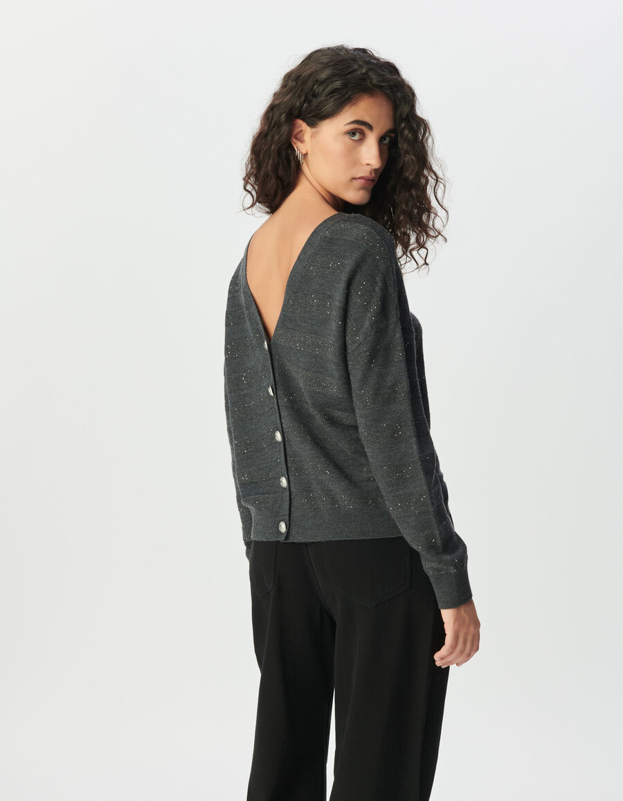 grauer gestreifter strickcardigan für damen mit paillettenstickerei