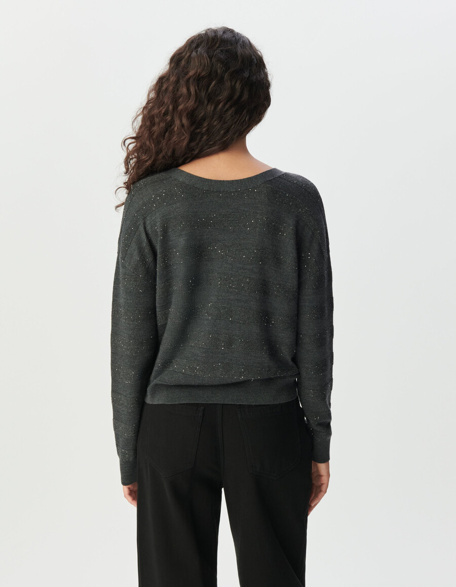 grauer gestreifter strickcardigan für damen mit paillettenstickerei