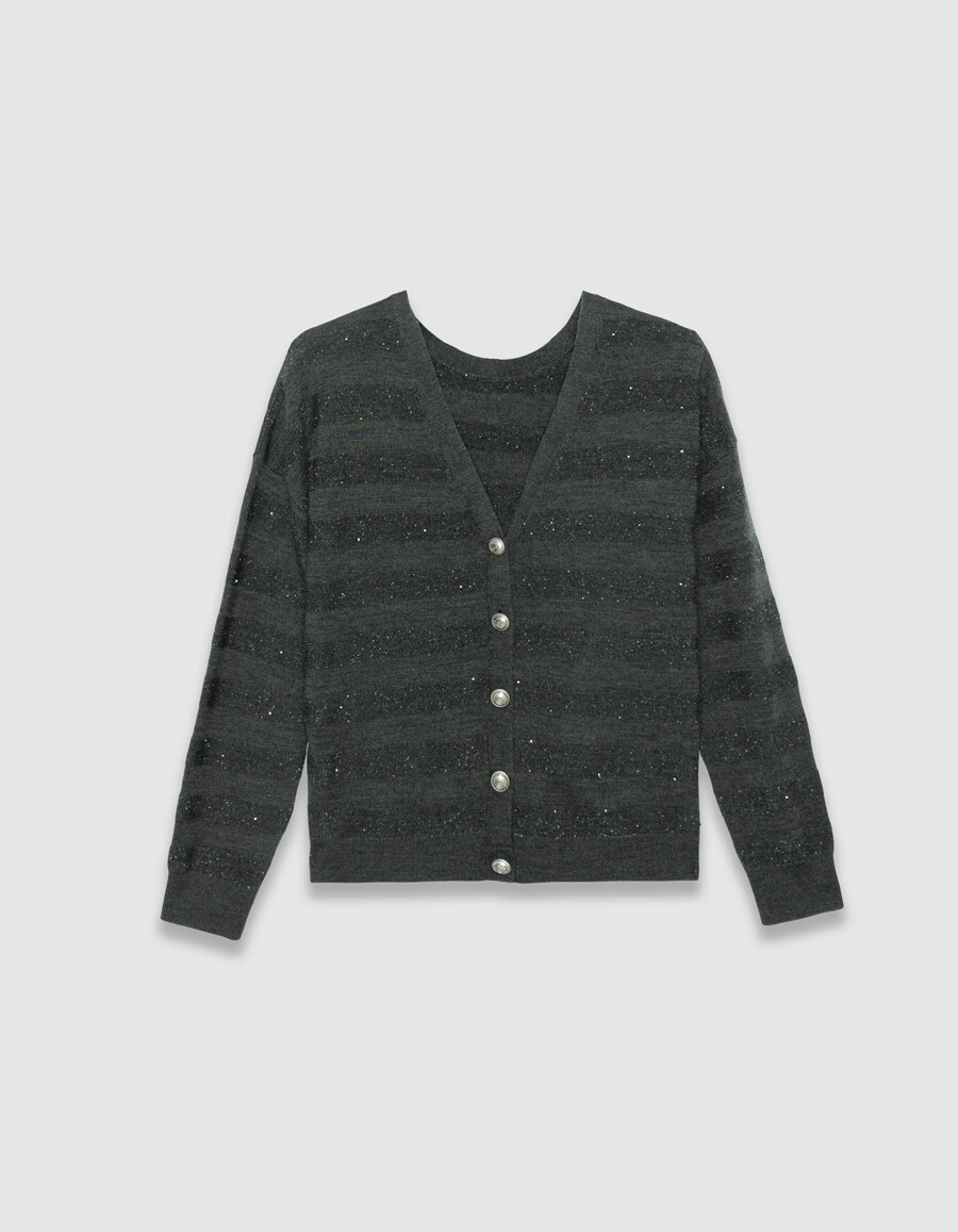 grauer gestreifter strickcardigan für damen mit paillettenstickerei