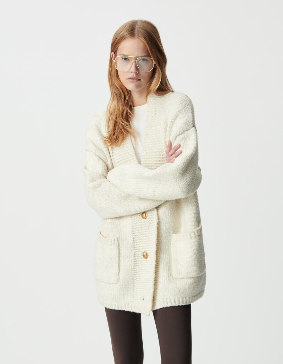 damen-strickjacke in ecru mit goldfarbenem lurex