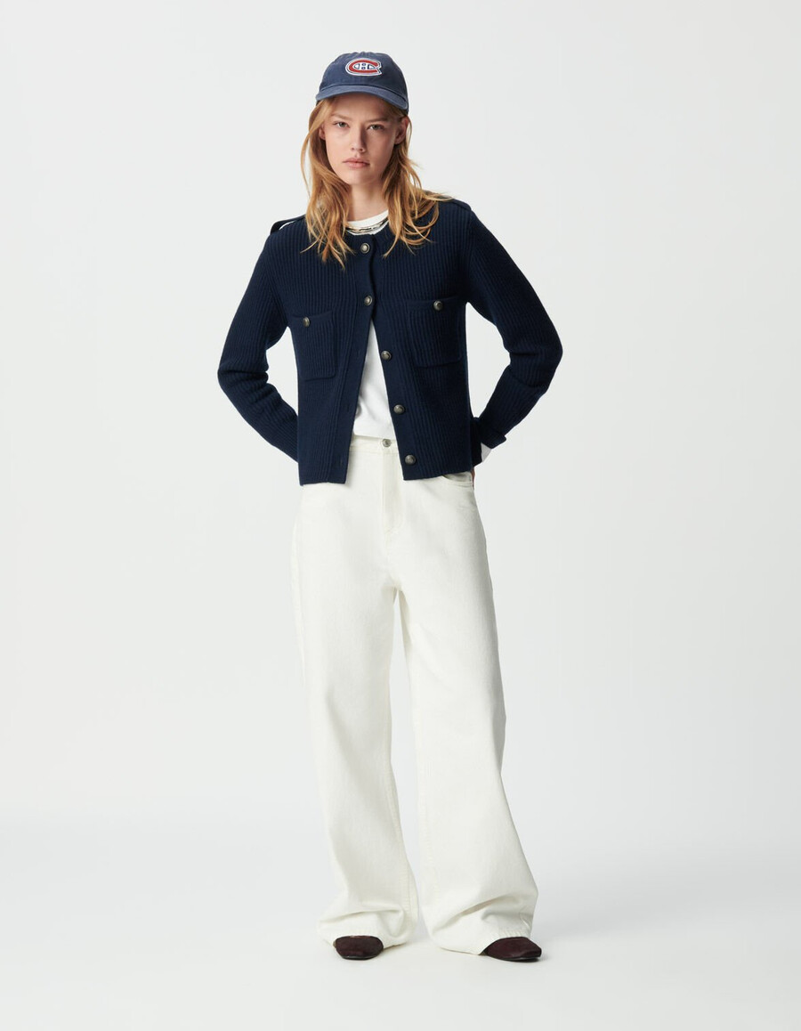 kurzer gerippter damen-cardigan aus reiner wolle in marineblau