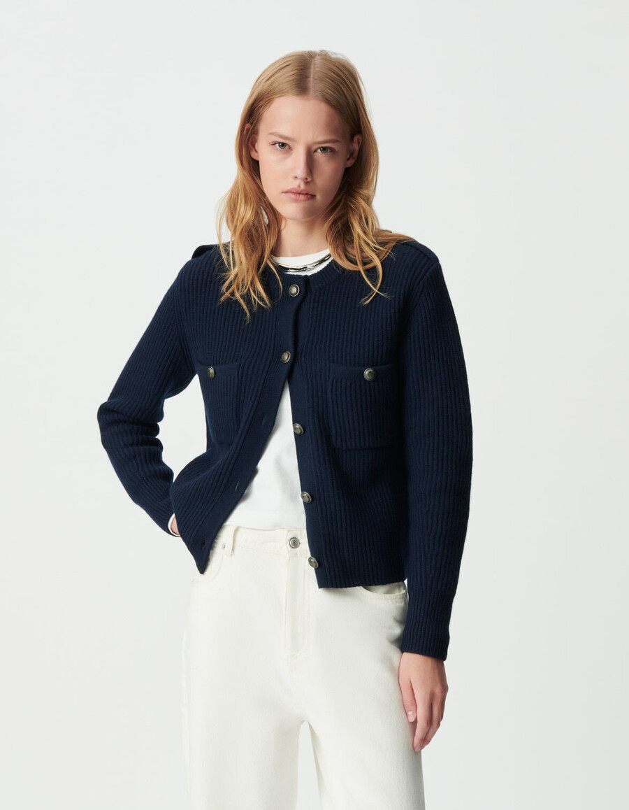 kurzer gerippter damen-cardigan aus reiner wolle in marineblau