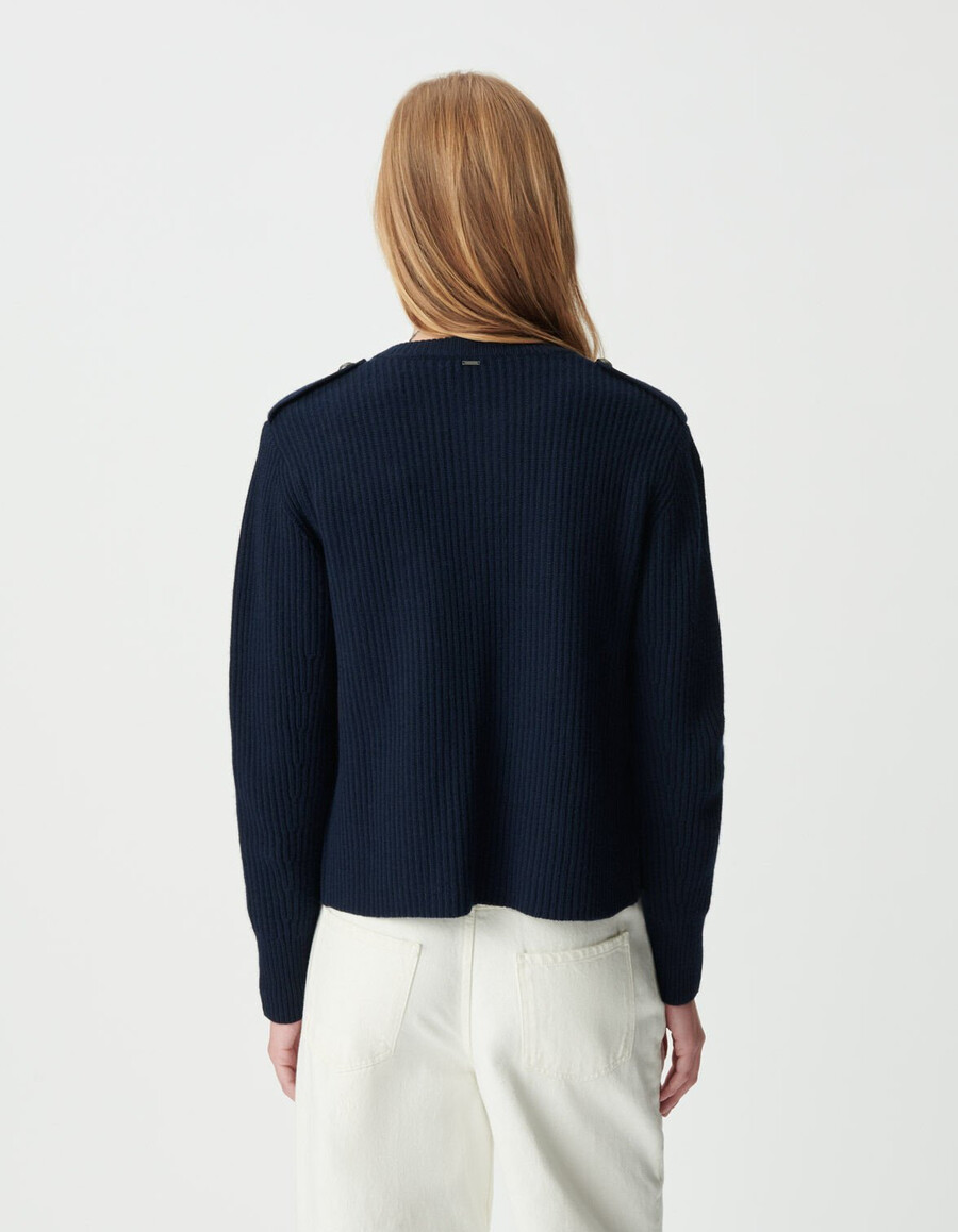kurzer gerippter damen-cardigan aus reiner wolle in marineblau