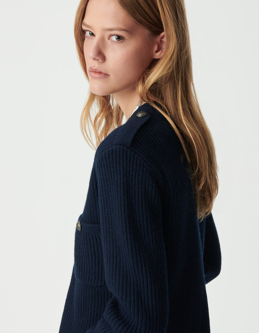 kurzer gerippter damen-cardigan aus reiner wolle in marineblau