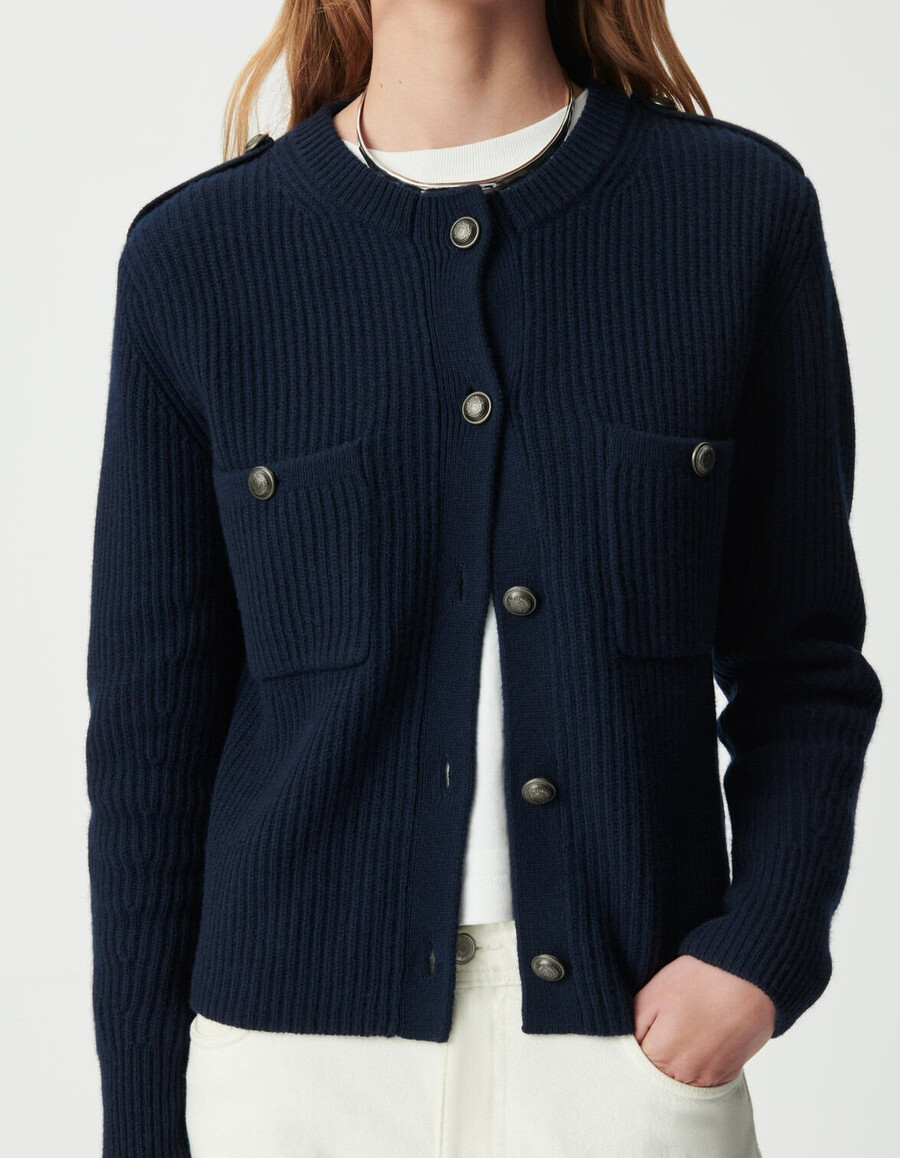 kurzer gerippter damen-cardigan aus reiner wolle in marineblau