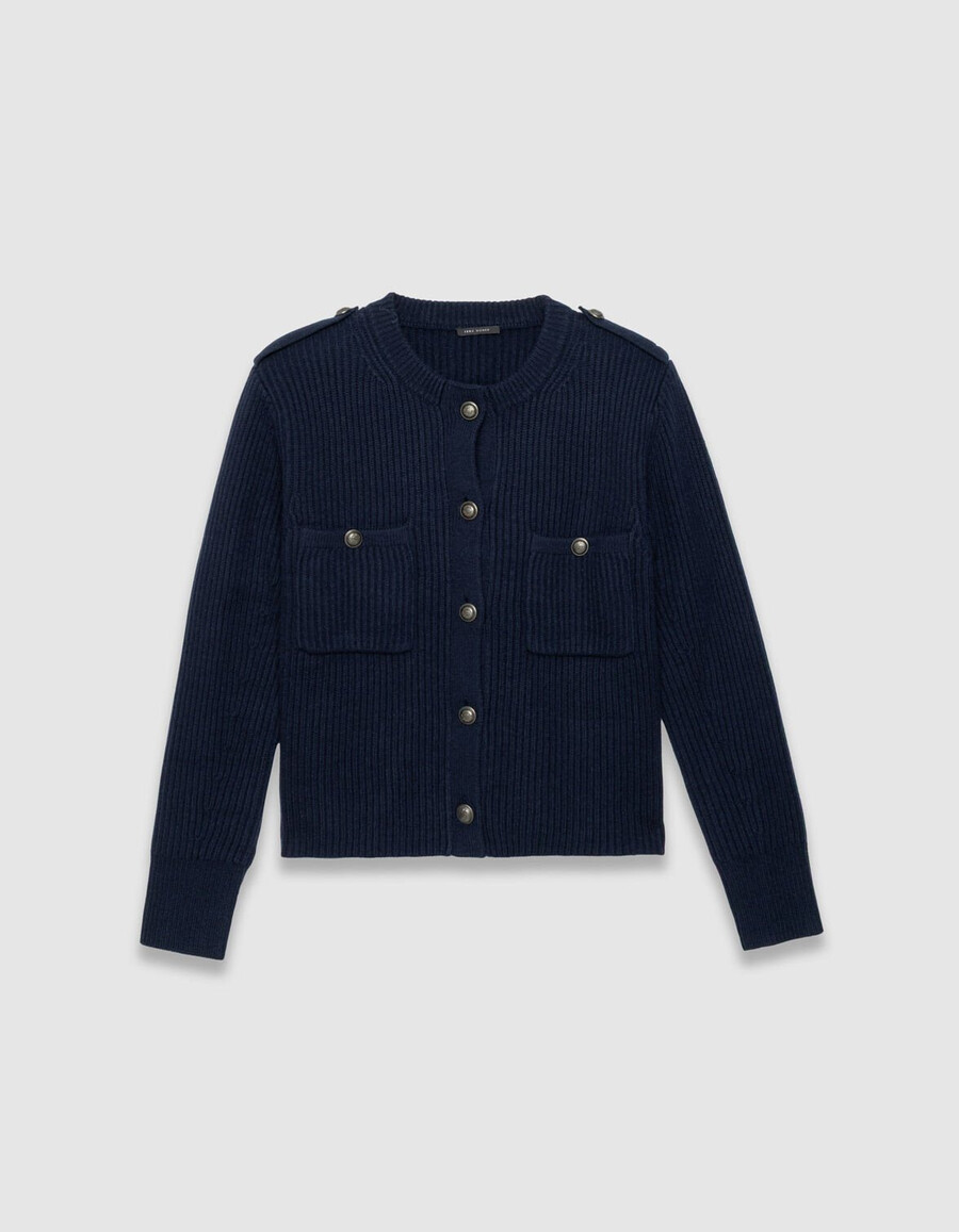kurzer gerippter damen-cardigan aus reiner wolle in marineblau