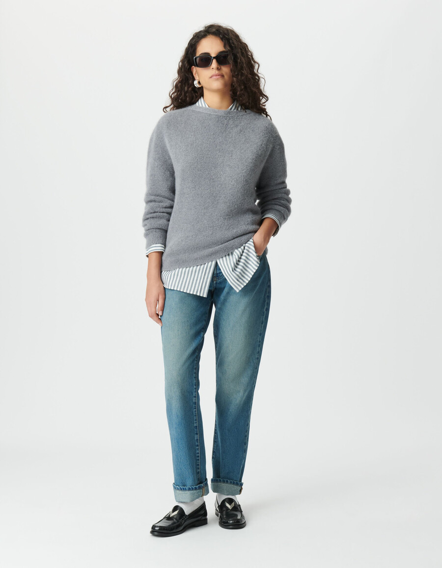 grauer wendbarer strickcardigan für damen vorder- und rückseite