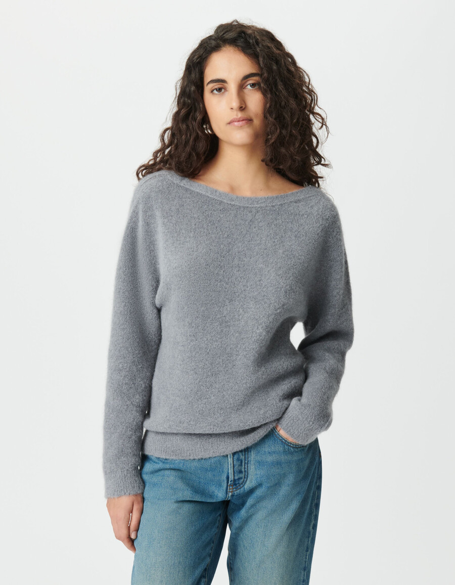 grauer wendbarer strickcardigan für damen vorder- und rückseite