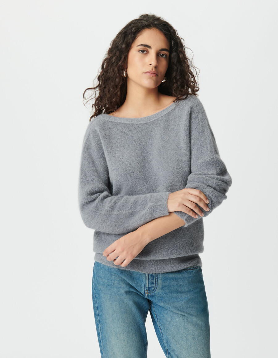 grauer wendbarer strickcardigan für damen vorder- und rückseite