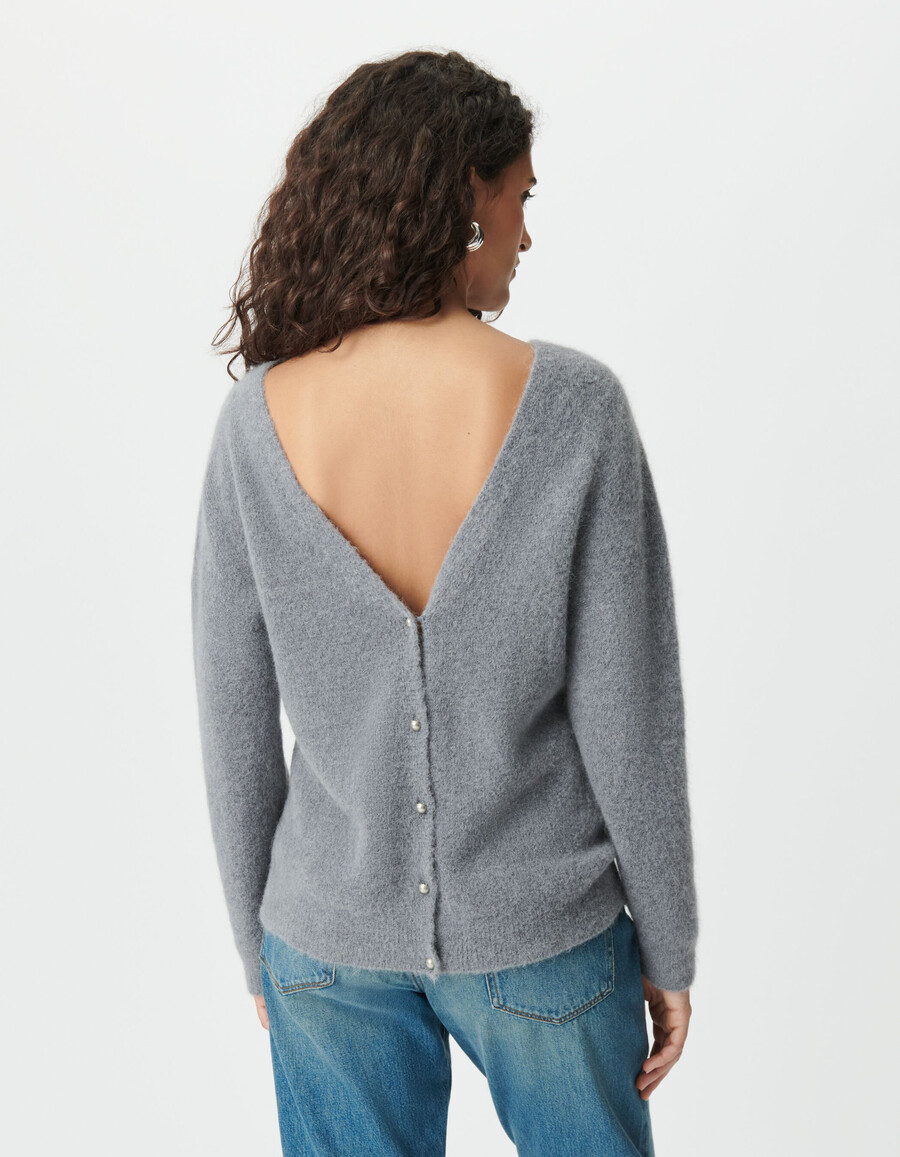 grauer wendbarer strickcardigan für damen vorder- und rückseite