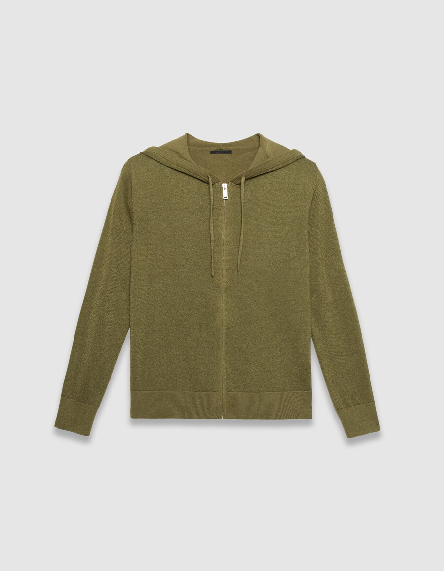 damen-strickjacke mit kapuze aus khakifarbenem lurex-strick chevron-muster auf dem rücken